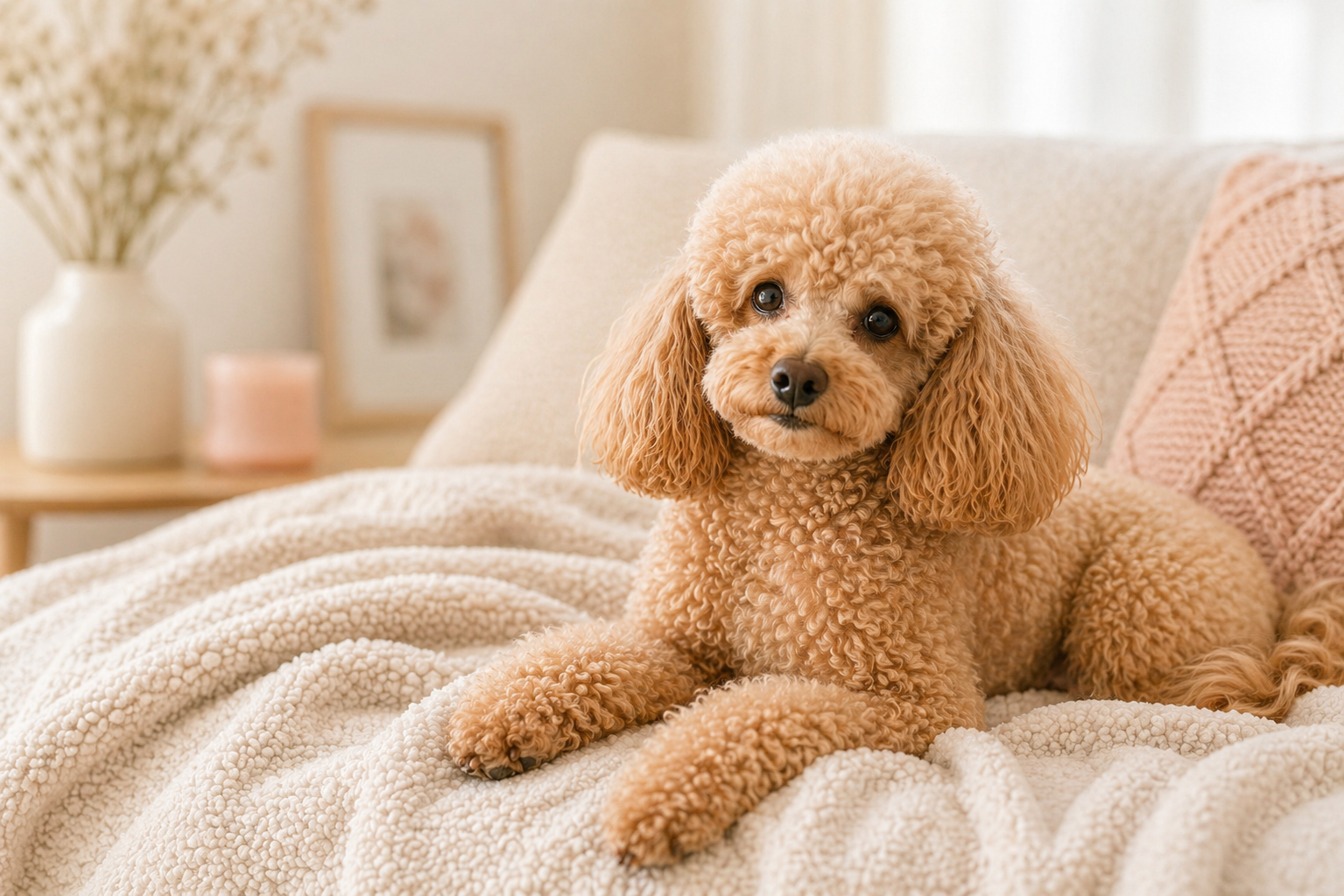 Apricot poodle resting on a soft blanket